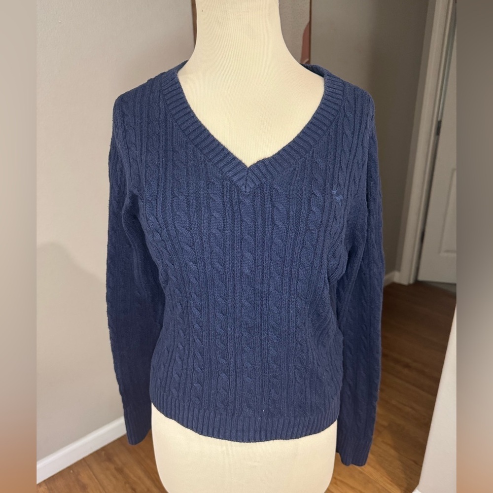 Hollister Cable-Knit V-Neck Sweater (Navy Blue-Medium) y2k